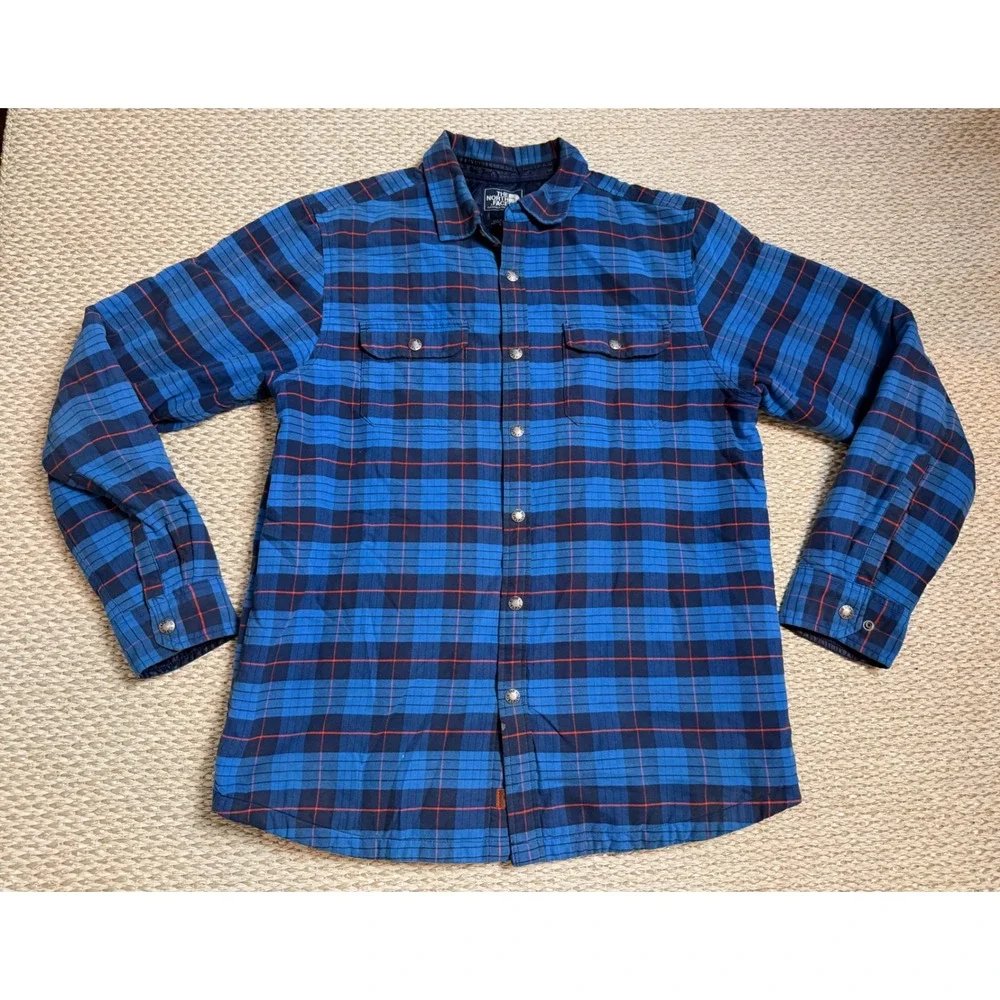 The North Face Mens Blue Plaid Quilted Insulated Flannel Shirt Jacket Large L